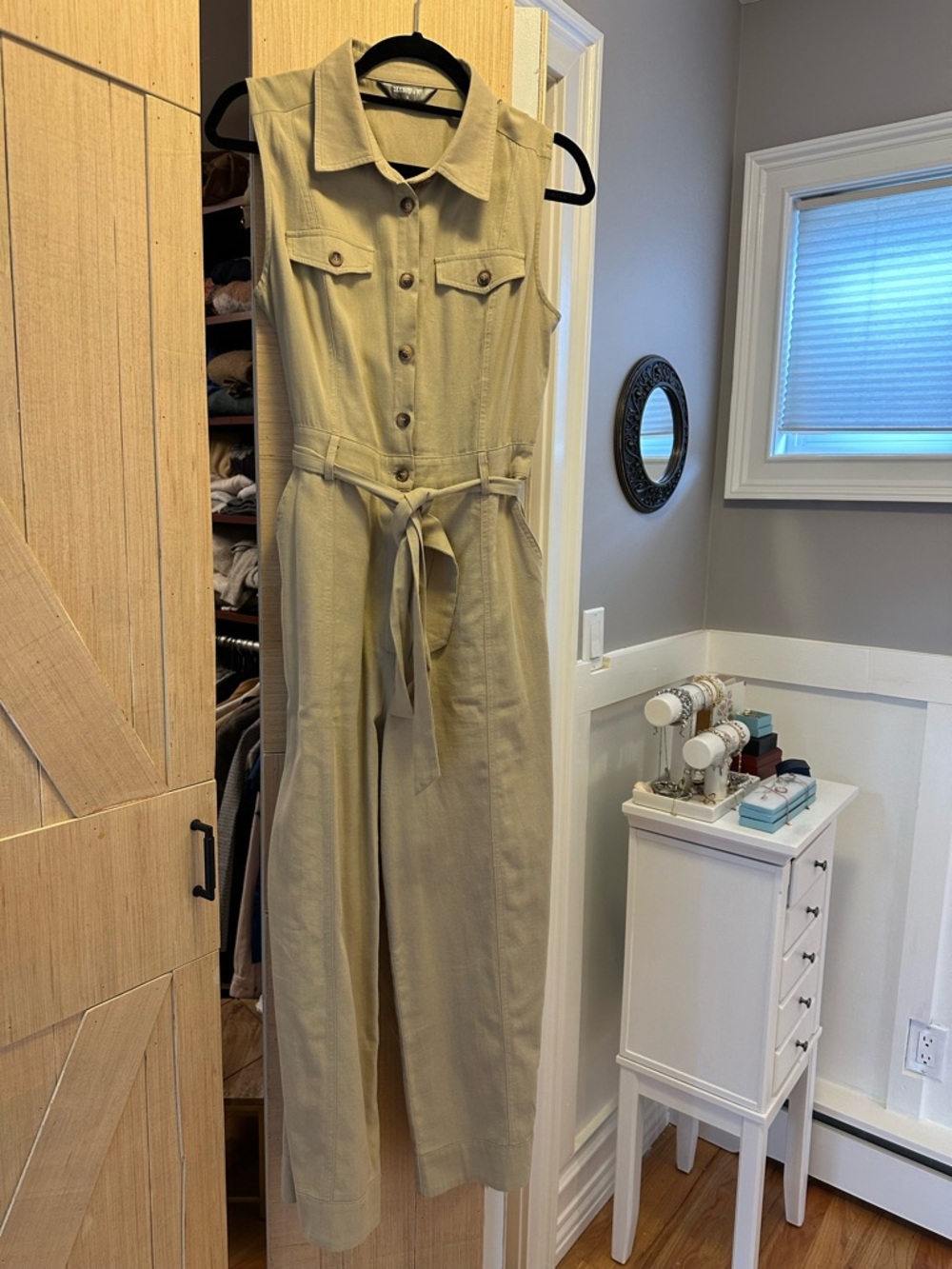 Allegra K Sleeveless Khaki Utility Jumpsuit with Tie Waist size S
